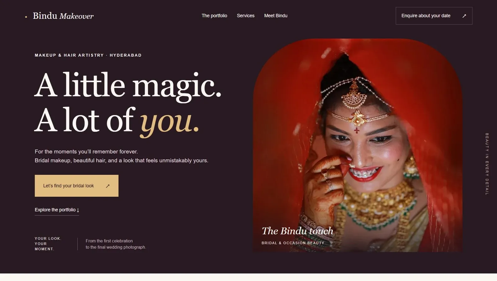 The Bindu Makeover home page: the headline “A little magic. A lot of you.” beside a portrait of a bride in a red dupatta.