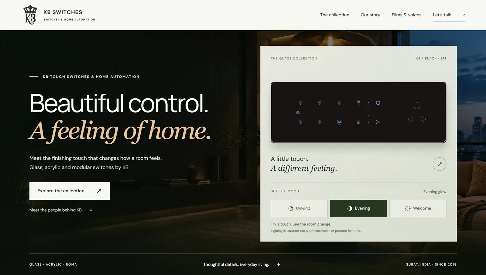 The KB Switches home page: the headline “Beautiful control. A feeling of home.” beside a black glass switch panel and mood settings.