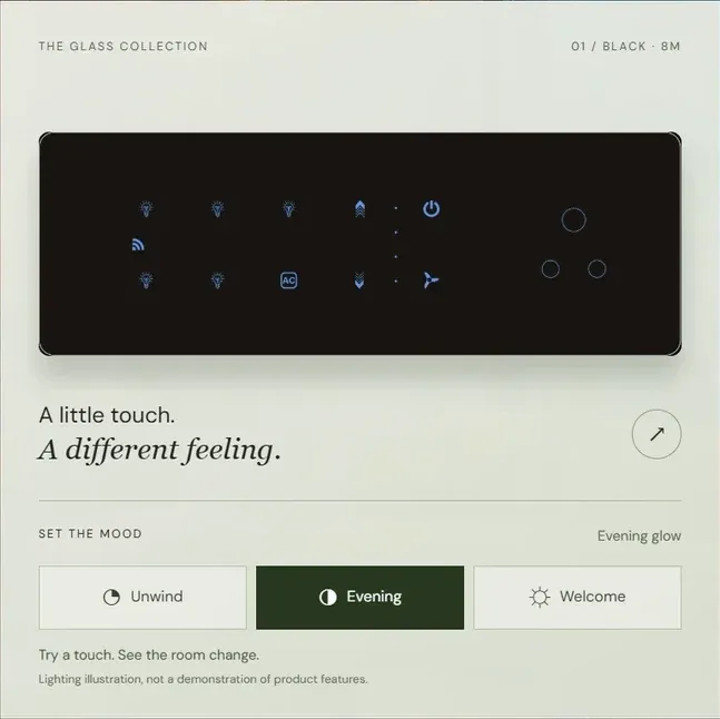 Close-up of the site’s Glass collection card: a black touch panel with blue icons, and Unwind, Evening and Welcome buttons below it.